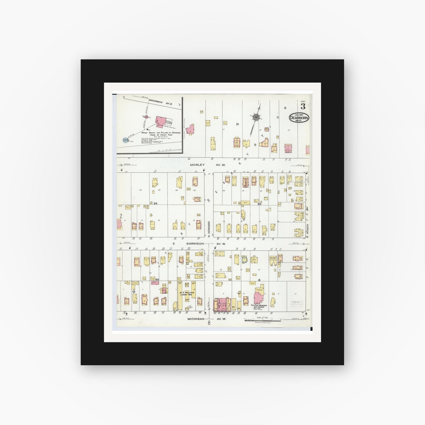 Old map wall art mockup — black gallery frame with white mat — Sanborn Fire Insurance Map from Dearborn, Wayne County, Michigan (1921), Sheet #0003