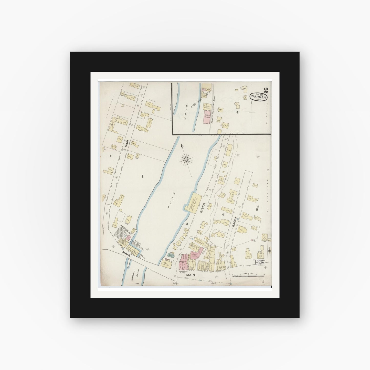 Old map wall art mockup — black gallery frame with white mat — Sanborn Fire Insurance Map from Warren, Worcester County, Massachusetts (1887), Sheet #0002