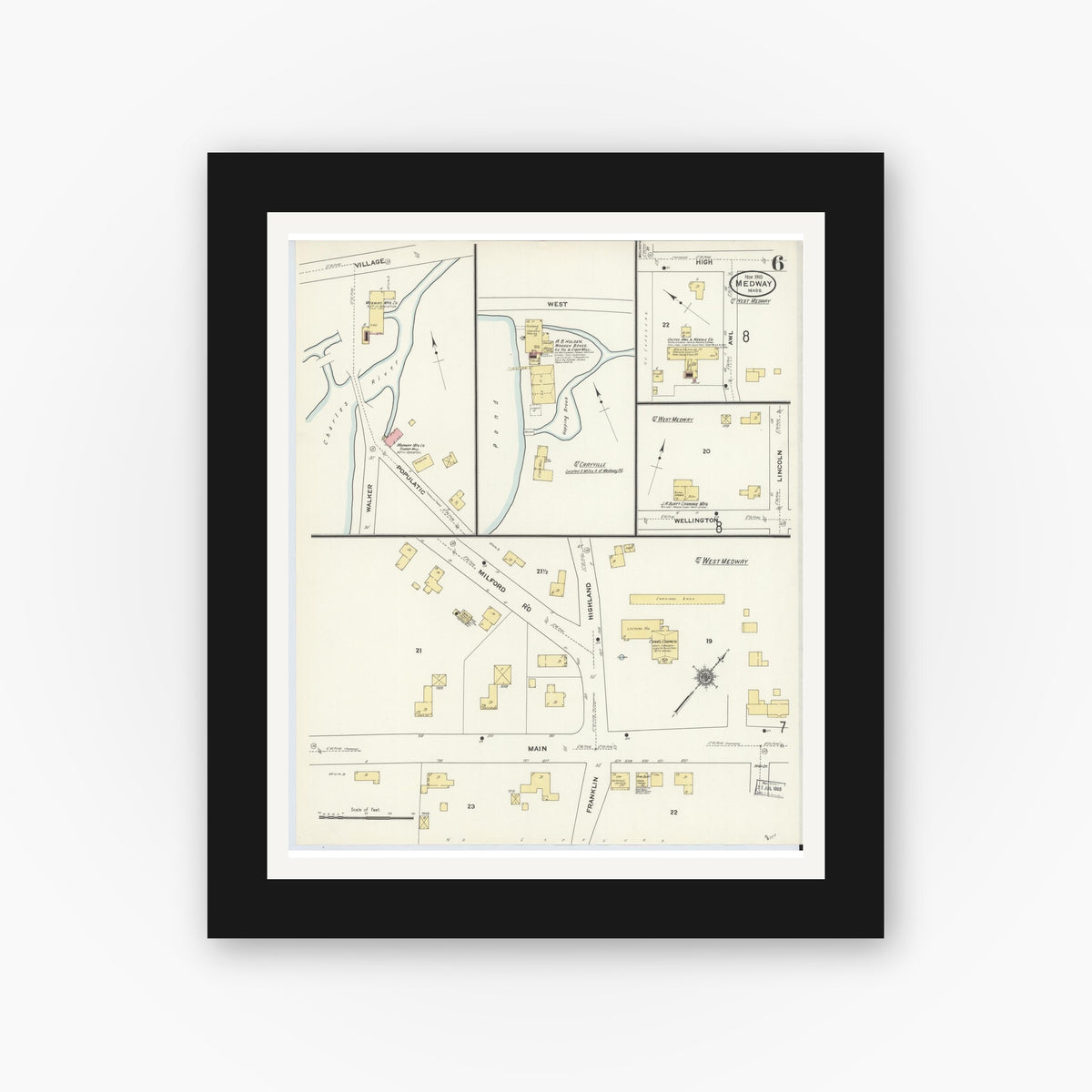 Old map wall art mockup — black gallery frame with white mat — Sanborn Fire Insurance Map from Medway, Norfolk County, Massachusetts (1910), Sheet #0006