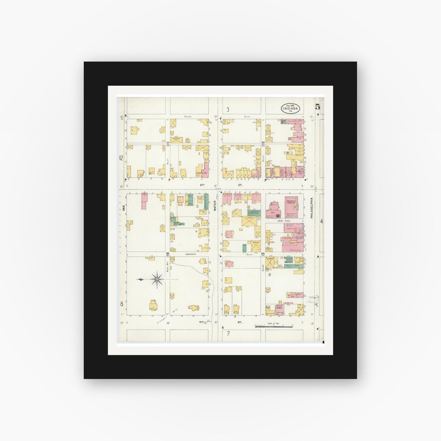 Old map wall art mockup — black gallery frame with white mat — Sanborn Fire Insurance Map from Indiana, Indiana County, Pennsylvania (1903), Sheet #0005
