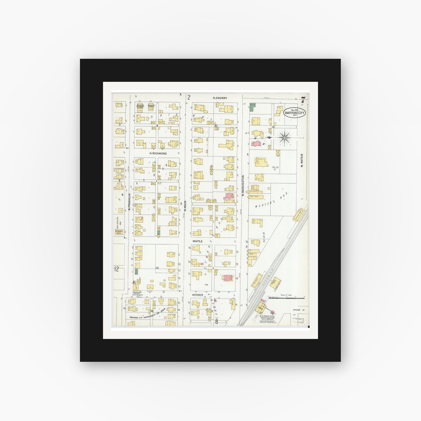 Old map wall art mockup — black gallery frame with white mat — Sanborn Fire Insurance Map from Hartford City, Blackford County, Indiana (1901), Sheet #0007