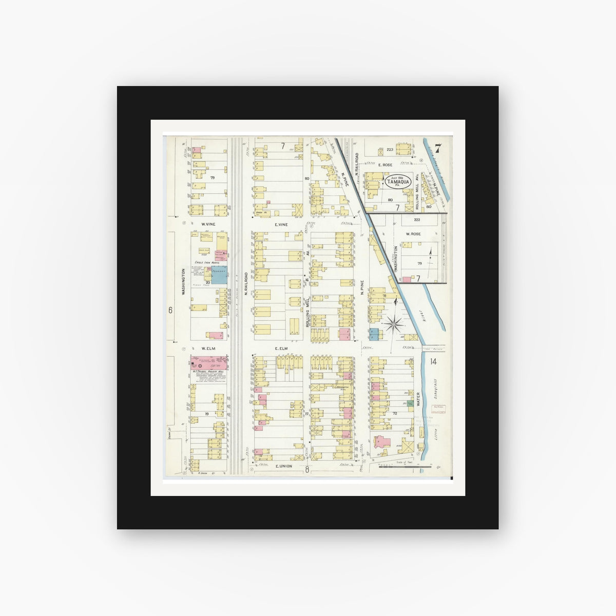 Old map wall art mockup β black gallery frame with white mat β Sanborn Fire Insurance Map from Tamaqua, Schuylkill County, Pennsylvania (1908), Sheet #0007