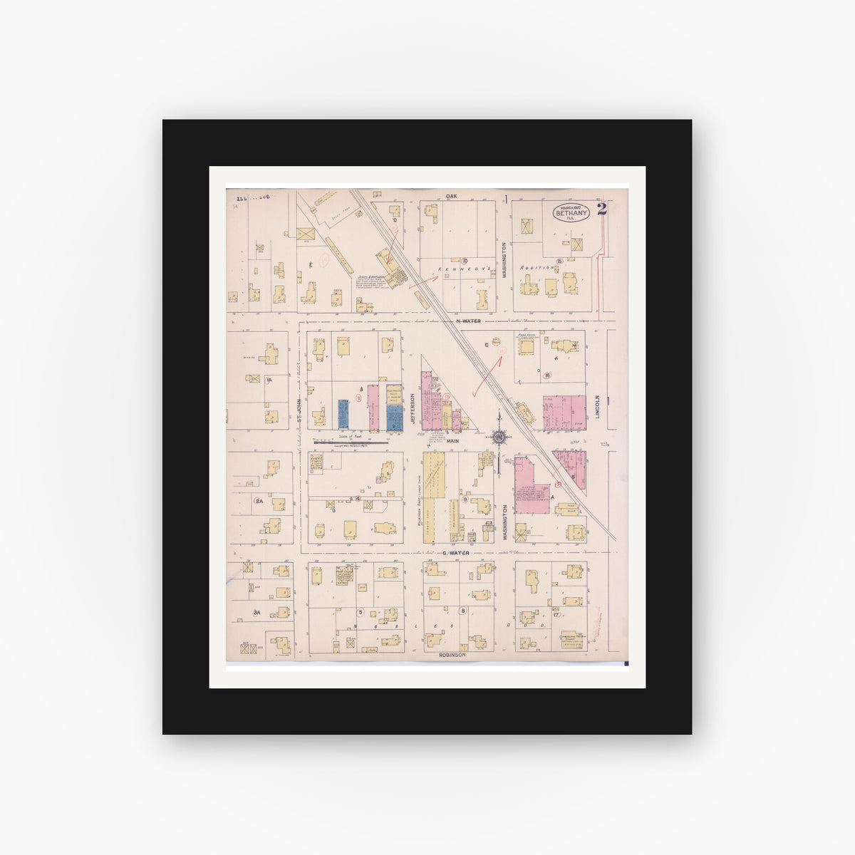Old map wall art mockup — black gallery frame with white mat — Sanborn Fire Insurance Map from Bethany, Moultrie County, Illinois (1922), Sheet #0002