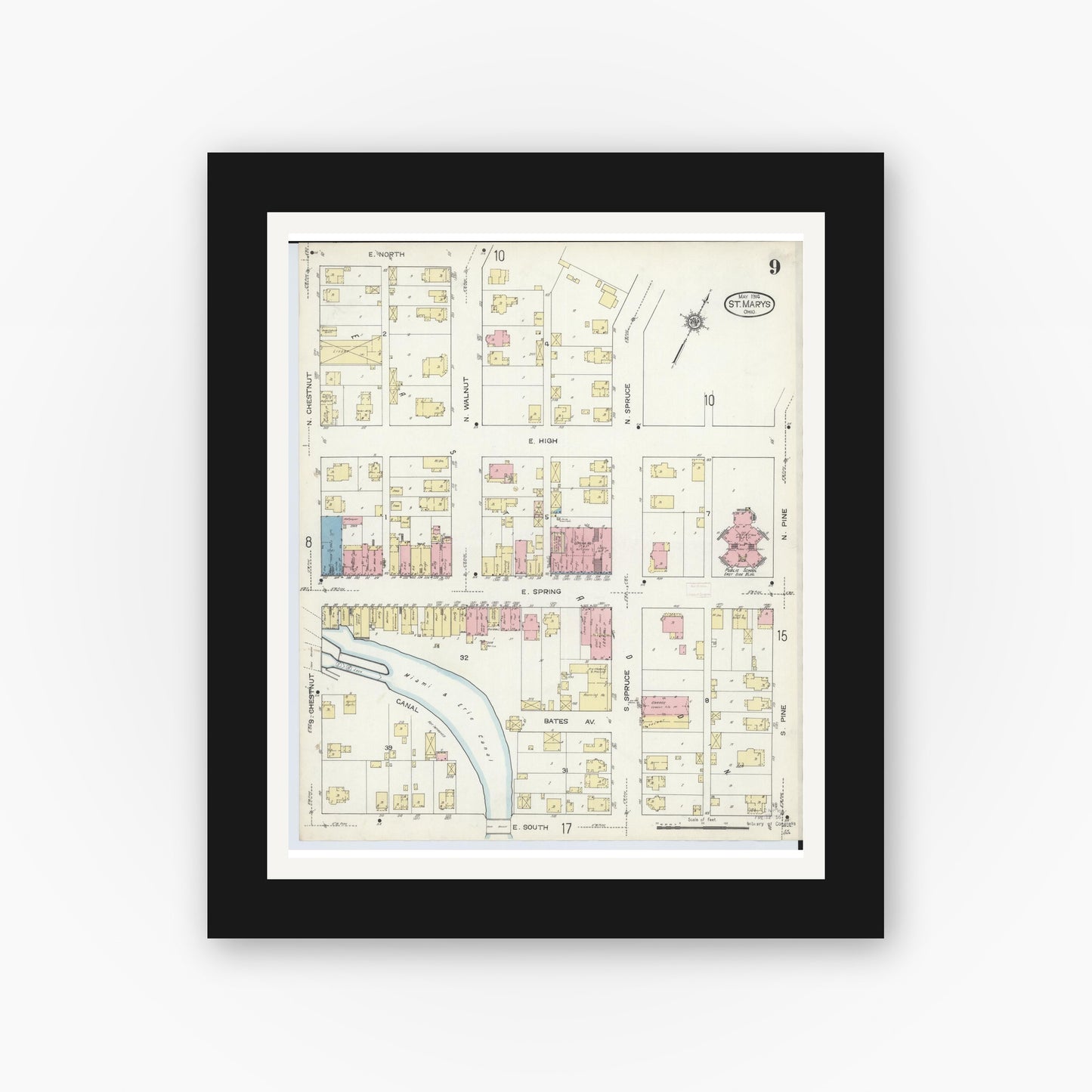 Old map wall art mockup — black gallery frame with white mat — Sanborn Fire Insurance Map from Saint Marys, Auglaize County, Ohio (1914), Sheet #0009