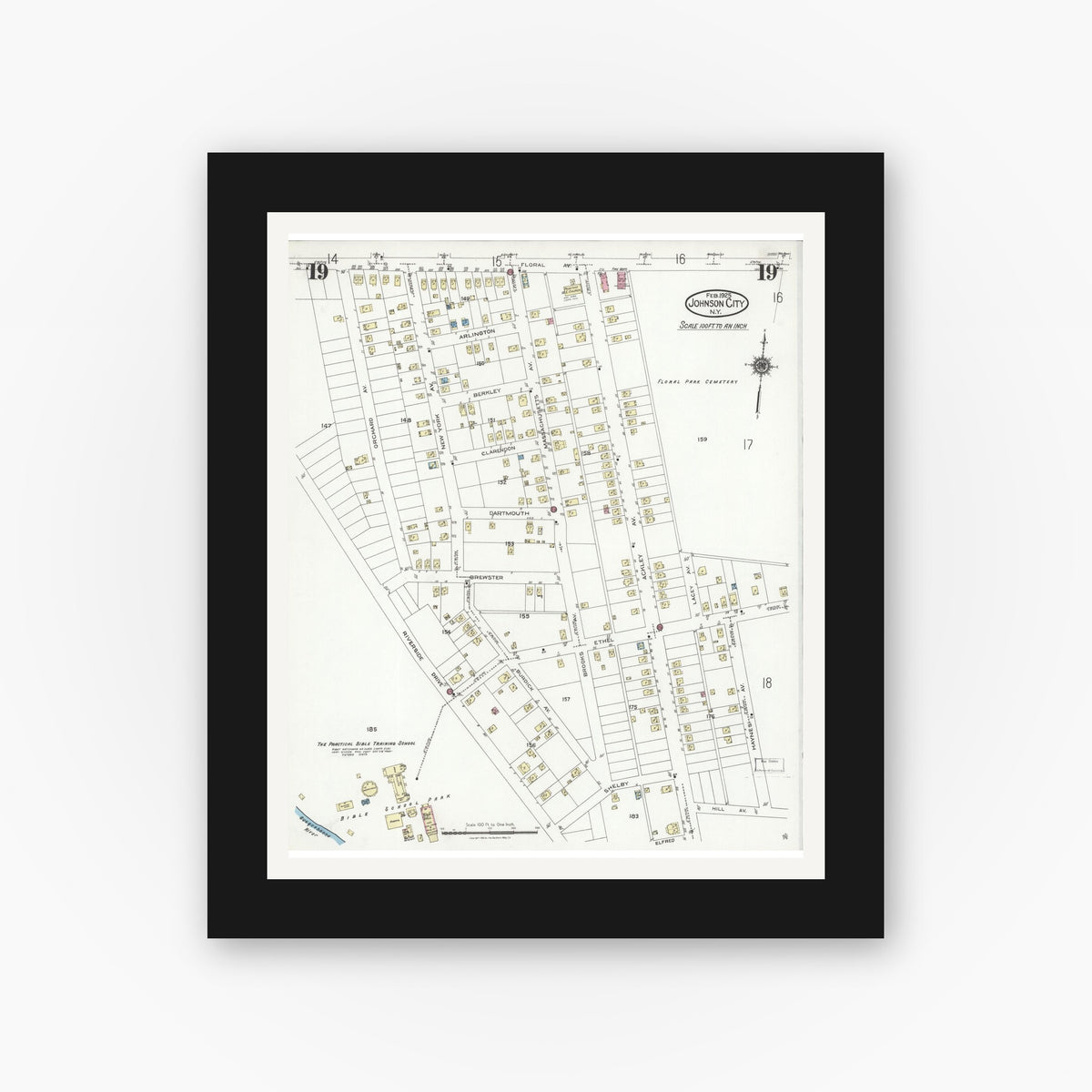 Old map wall art mockup — black gallery frame with white mat — Sanborn Fire Insurance Map from Johnson City, Broome County, New York (1925), Sheet #0019