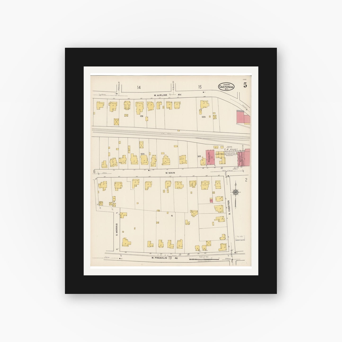 Old map wall art mockup — black gallery frame with white mat — Sanborn Fire Insurance Map from Gastonia, Gaston County, North Carolina (1922), Sheet #0005