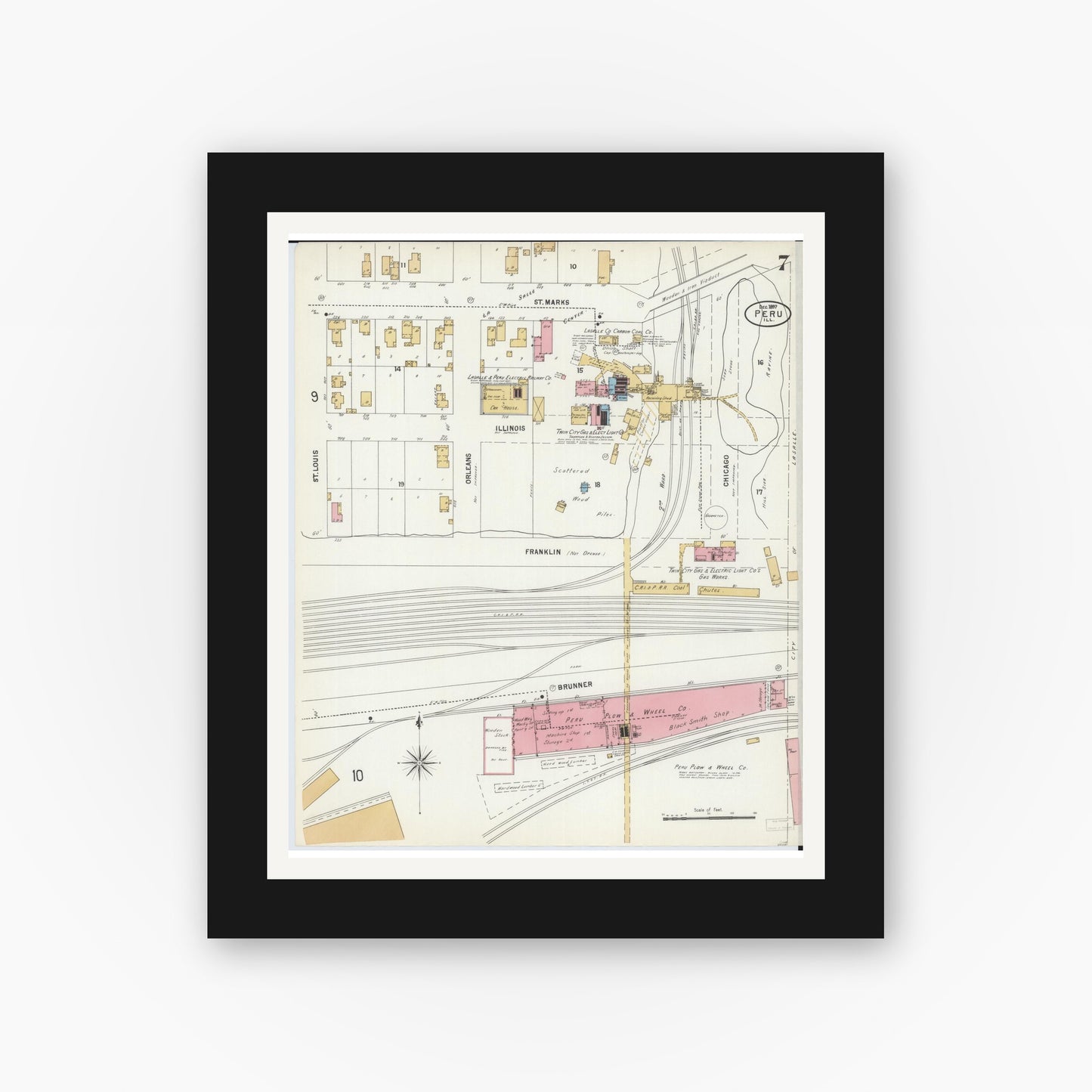 Old map wall art mockup — black gallery frame with white mat — Sanborn Fire Insurance Map from Peru, La Salle County, Illinois (1897), Sheet #0007