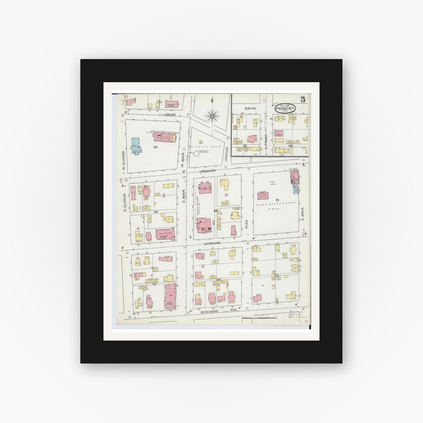 Old map wall art mockup — black gallery frame with white mat — Sanborn Fire Insurance Map from Fremont, Sandusky County, Ohio (1893), Sheet #0005