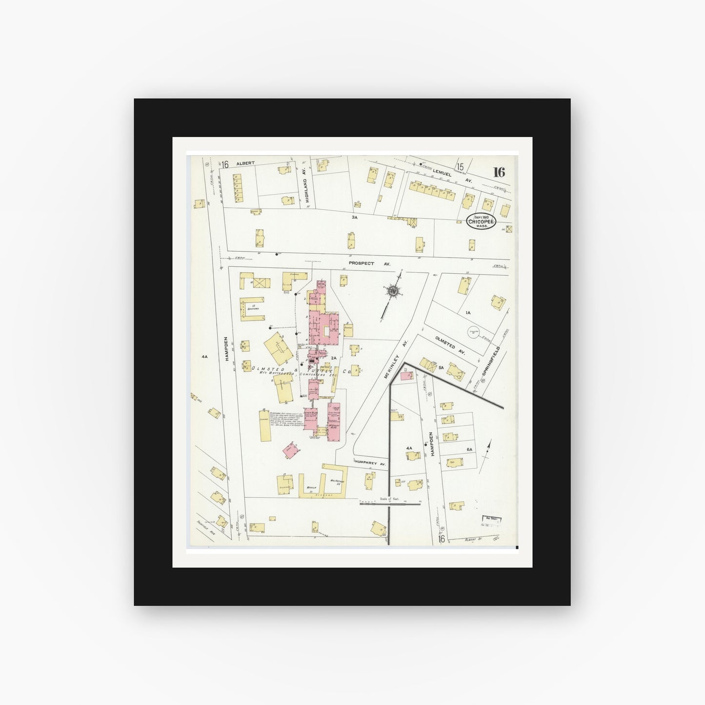 Old map wall art mockup — black gallery frame with white mat — Sanborn Fire Insurance Map from Chicopee, Hampden County, Massachusetts (1910), Sheet #0016
