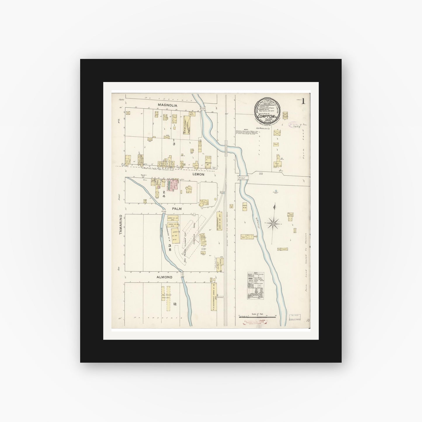 Old map wall art mockup — black gallery frame with white mat — Sanborn Fire Insurance Map from Compton, Los Angeles County, California (1888) - Complete Map Set