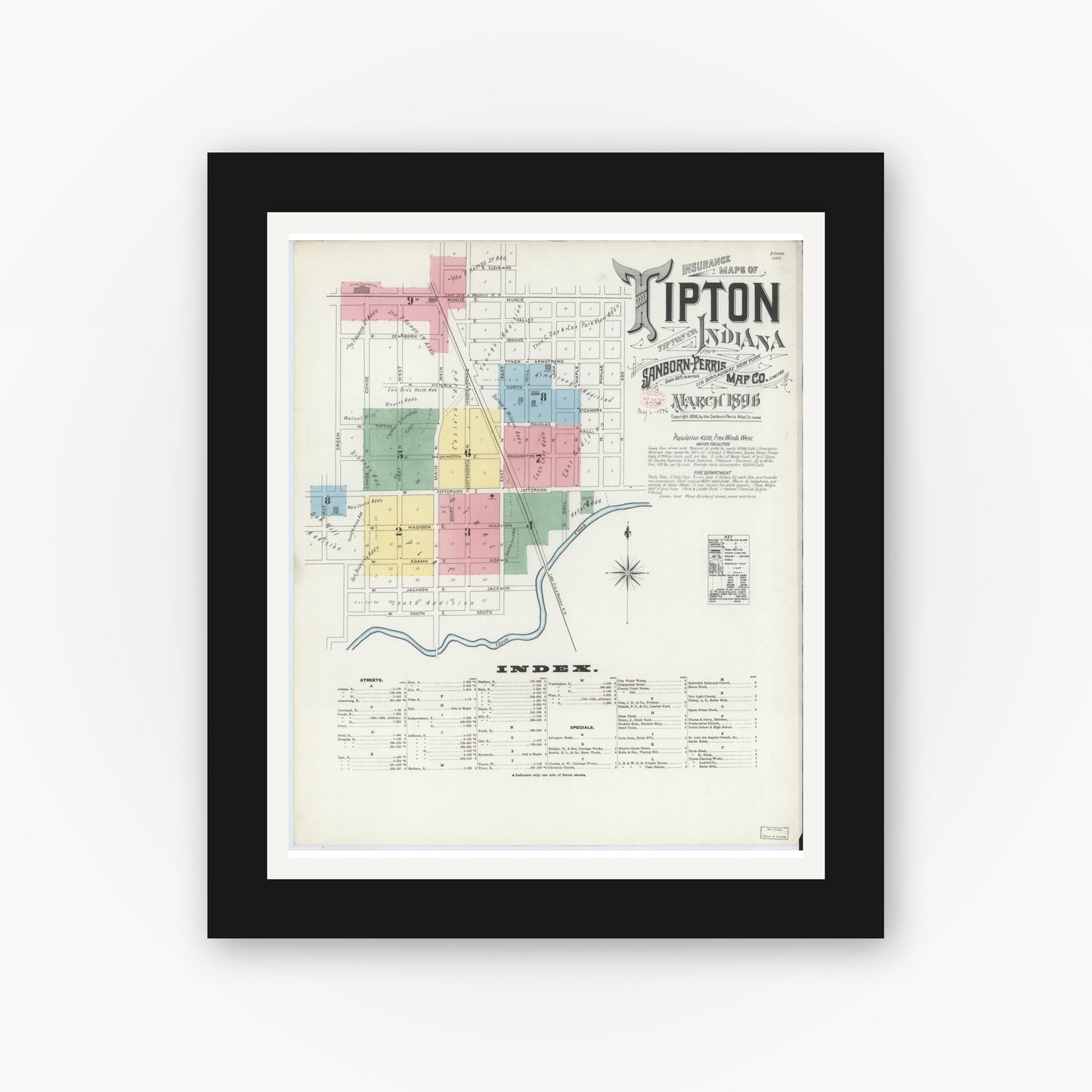 Old map wall art mockup — black gallery frame with white mat — Sanborn Fire Insurance Map from Tipton, Tipton County, Indiana (1896) - Complete Map Set