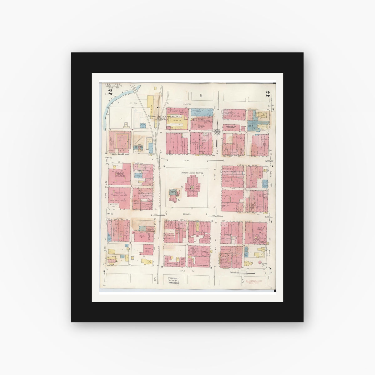 Old map wall art mockup — black gallery frame with white mat — Sanborn Fire Insurance Map from Noblesville, Hamilton County, Indiana (1947), Sheet #0002