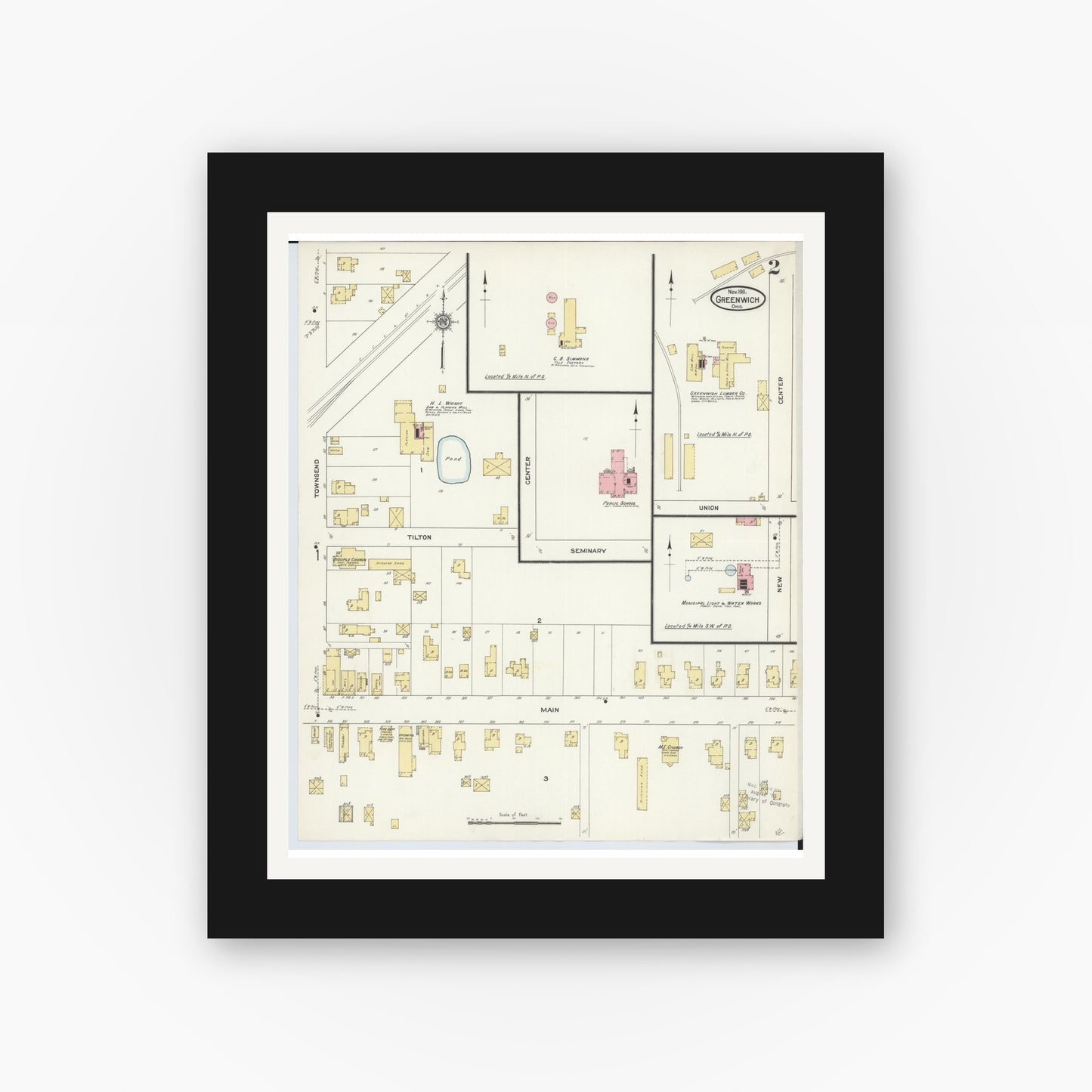 Old map wall art mockup — black gallery frame with white mat — Sanborn Fire Insurance Map from Greenwich, Huron County, Ohio (1911), Sheet #0002