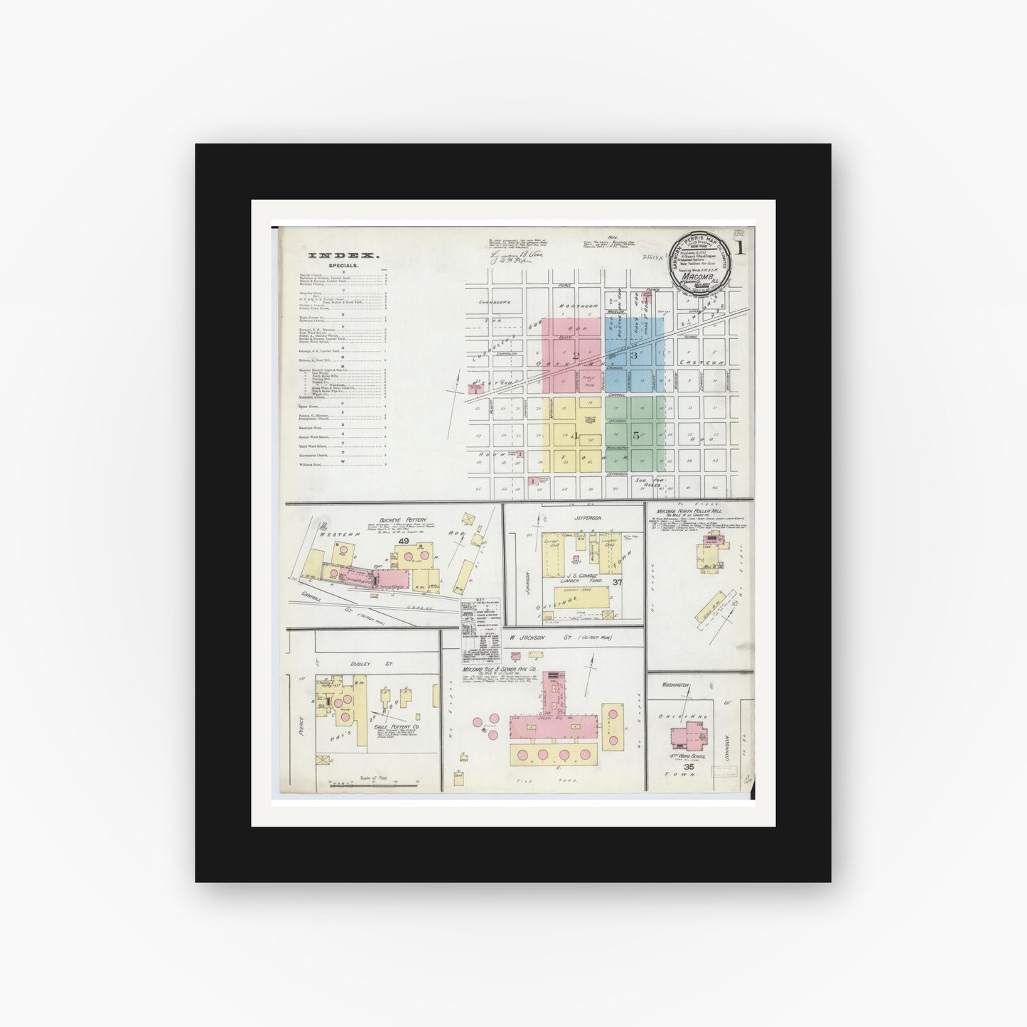 Old map wall art mockup — black gallery frame with white mat — Sanborn Fire Insurance Map from Macomb, Mcdonough County, Illinois (1892), Sheet #0001