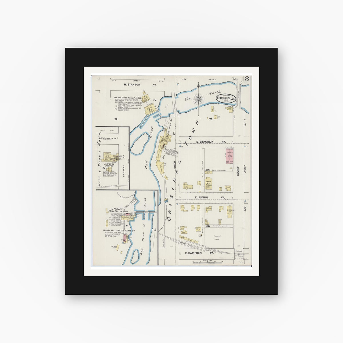 Old map wall art mockup — black gallery frame with white mat — Sanborn Fire Insurance Map from Fergus Falls, Otter Tail County, Minnesota (1890), Sheet #0008