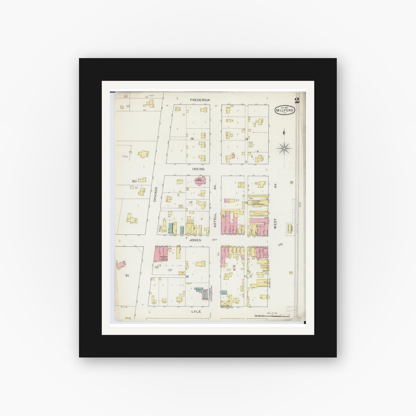 Old map wall art mockup — black gallery frame with white mat — Sanborn Fire Insurance Map from Milford, Iroquois County, Illinois (1893), Sheet #0002