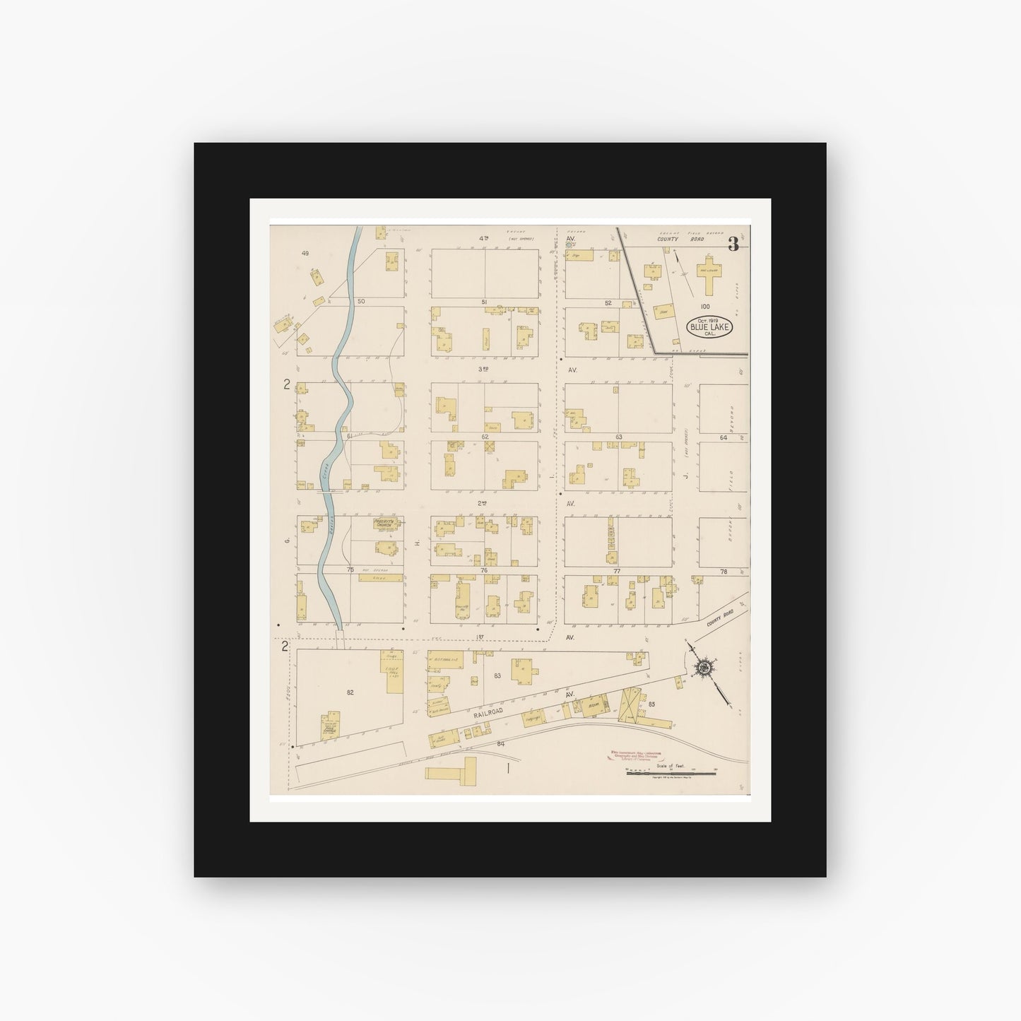 Old map wall art mockup — black gallery frame with white mat — Sanborn Fire Insurance Map from Blue Lake, Humboldt County, California (1919), Sheet #0003