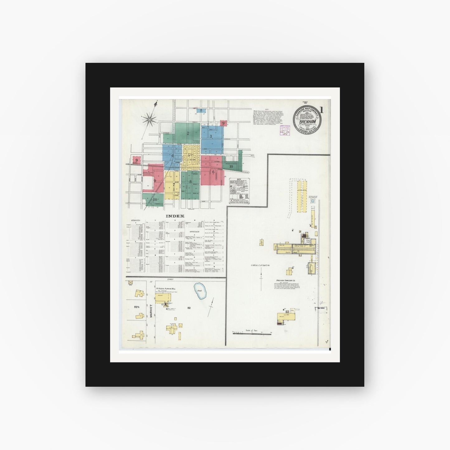Old map wall art mockup — black gallery frame with white mat — Sanborn Fire Insurance Map from Brenham, Washington County, Texas (1906), Sheet #0001