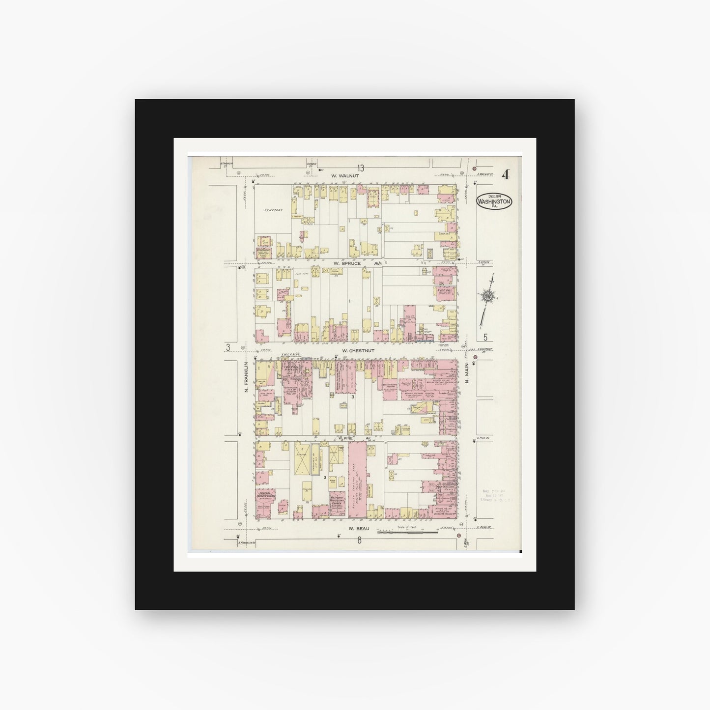 Old map wall art mockup — black gallery frame with white mat — Sanborn Fire Insurance Map from Washington, Washington County, Pennsylvania (1914), Sheet #0004