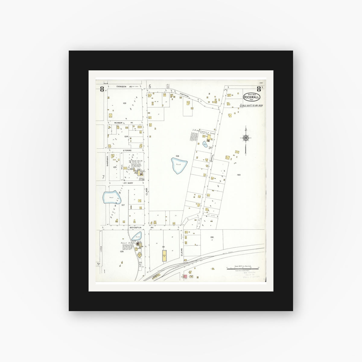 Old map wall art mockup — black gallery frame with white mat — Sanborn Fire Insurance Map from Rockwall, Rockwall County, Texas (1923), Sheet #0008