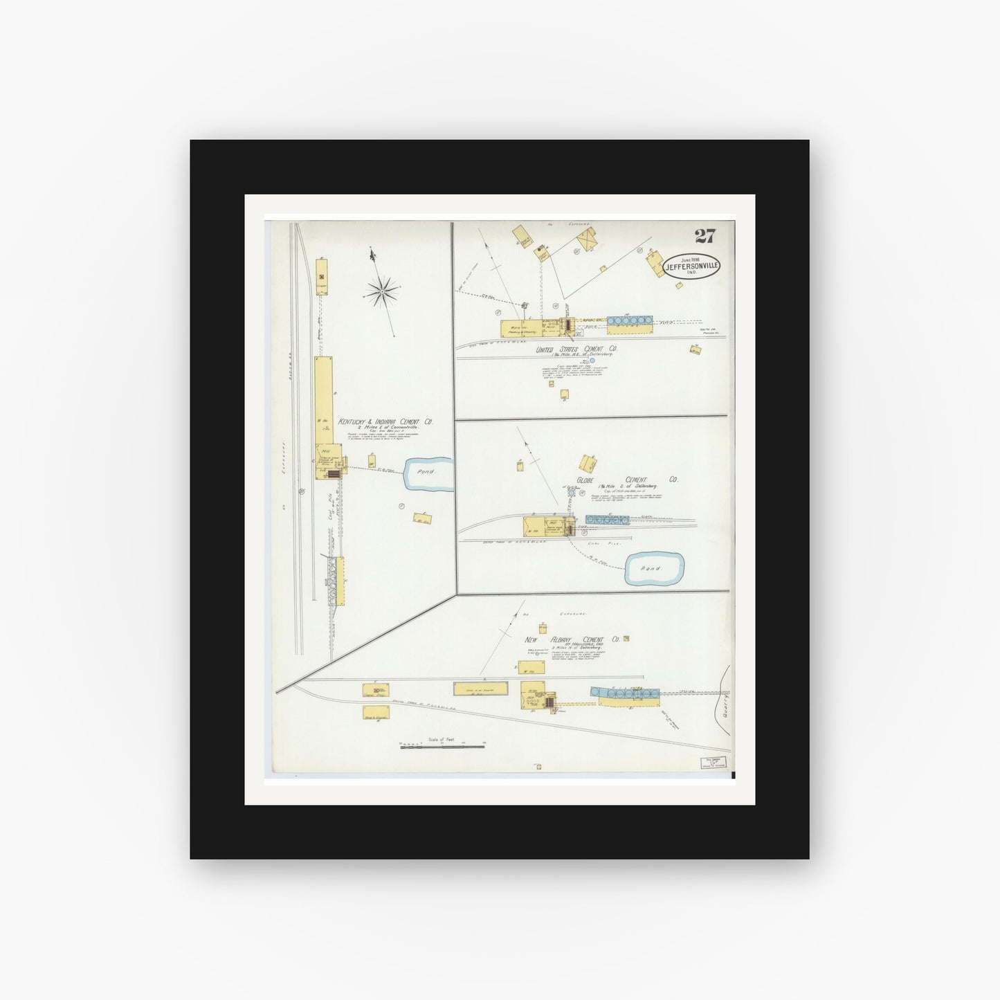 Old map wall art mockup — black gallery frame with white mat — Sanborn Fire Insurance Map from Jeffersonville, Clark County, Indiana (1898), Sheet #0027