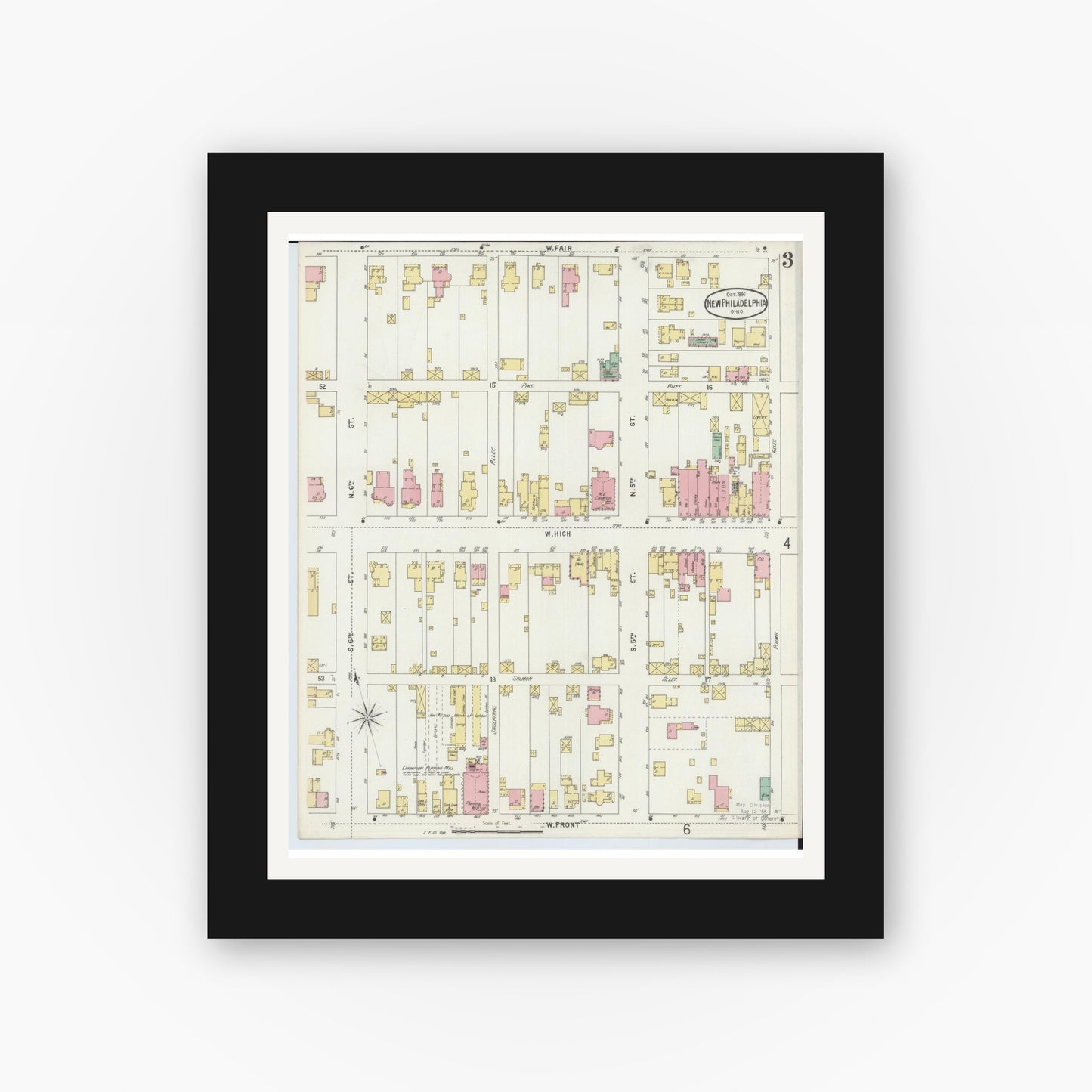 Old map wall art mockup — black gallery frame with white mat — Sanborn Fire Insurance Map from New Philadelphia, Tuscarawas County, Ohio (1896), Sheet #0003