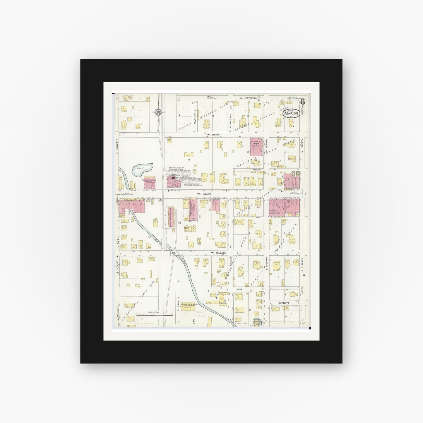 Old map wall art mockup — black gallery frame with white mat — Sanborn Fire Insurance Map from Marion, Williamson County, Illinois (1913), Sheet #0006
