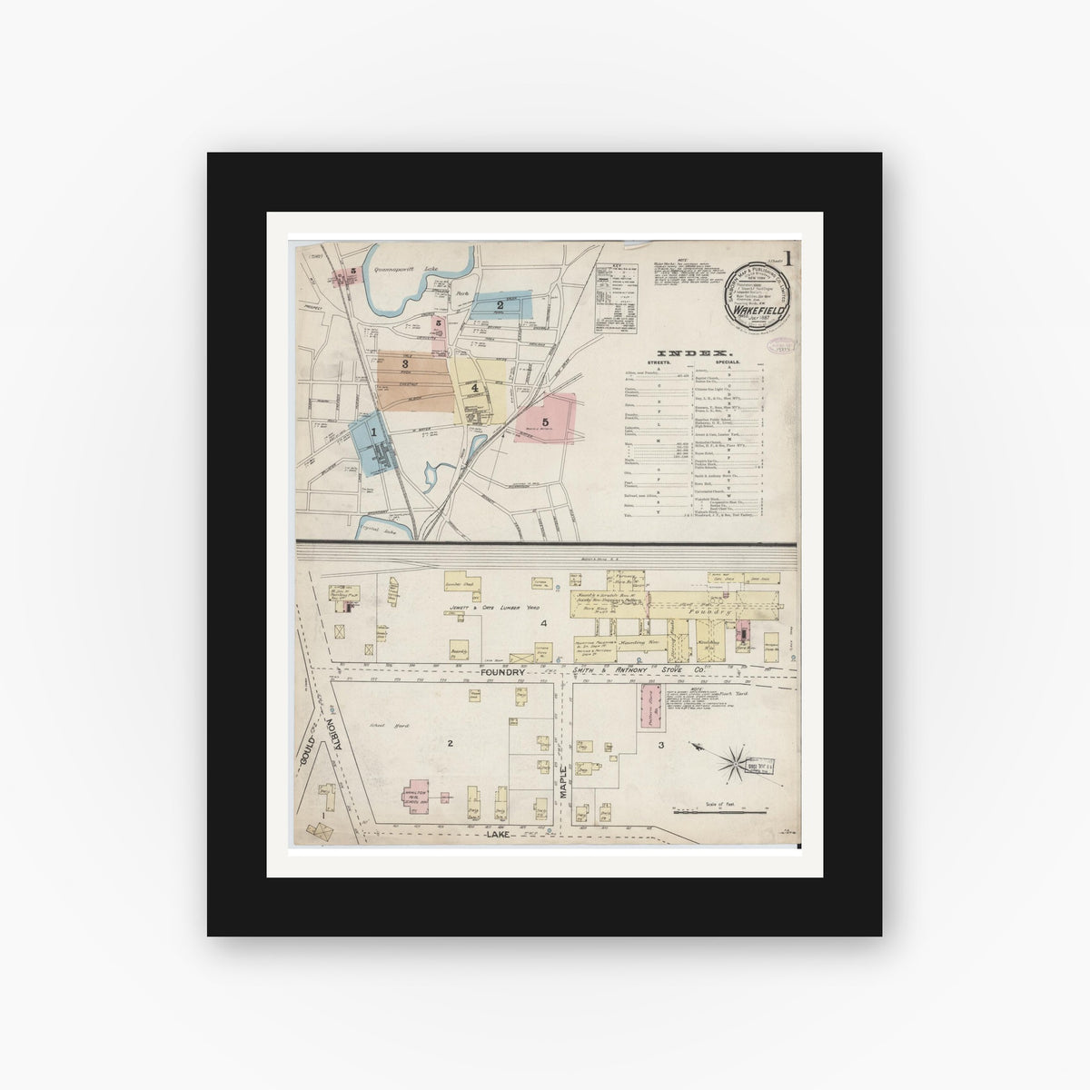 Old map wall art mockup — black gallery frame with white mat — Sanborn Fire Insurance Map from Wakefield, Middlesex County, Massachusetts (1887), Sheet #0001