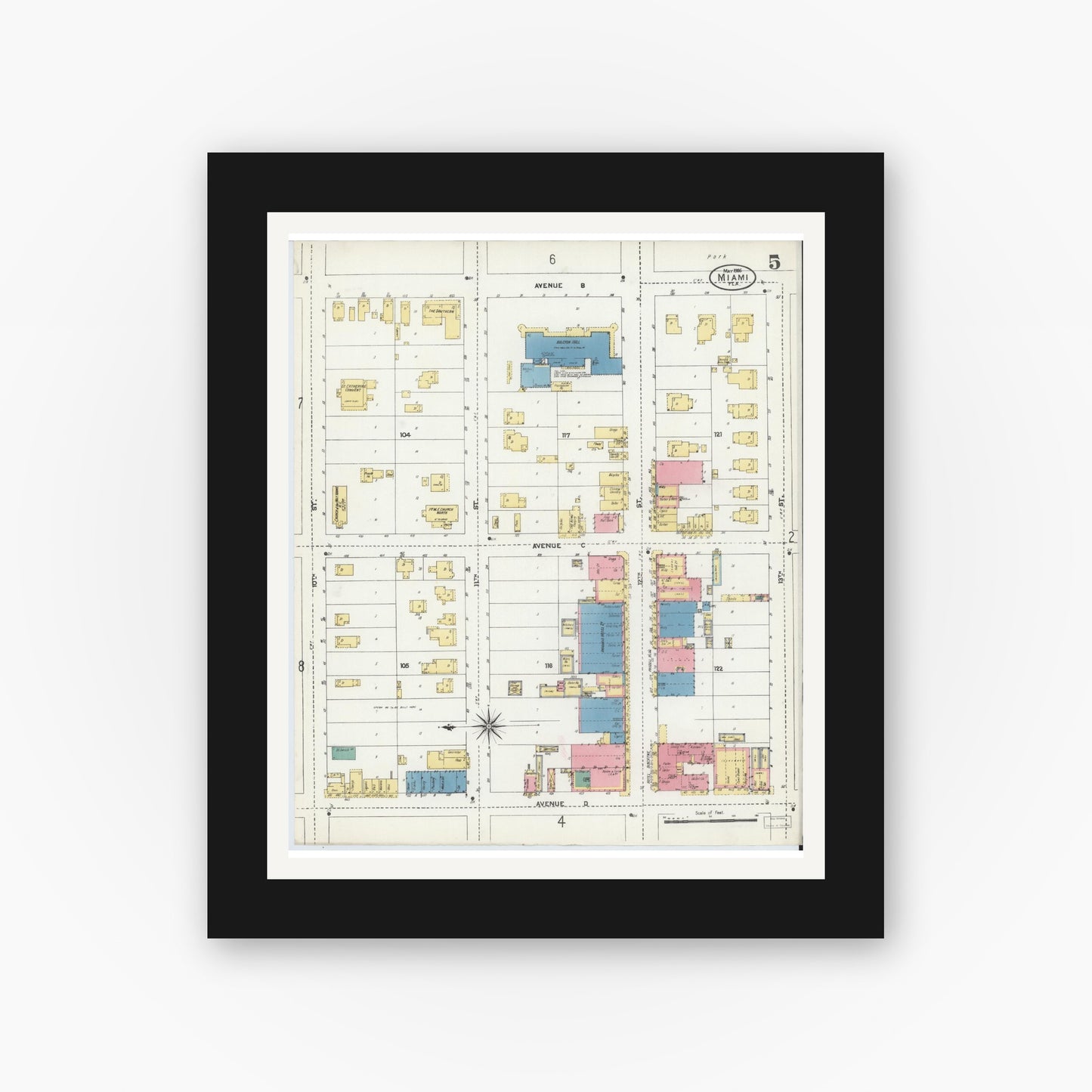 Old map wall art mockup — black gallery frame with white mat — Sanborn Fire Insurance Map from Miami, Dade County, Florida (1906), Sheet #0005
