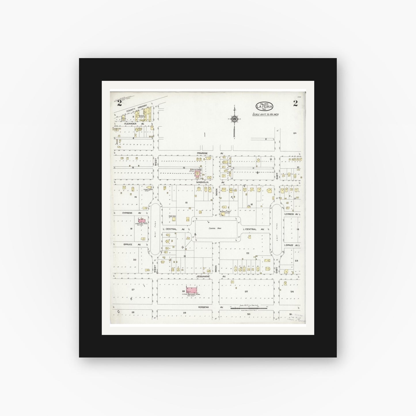 Old map wall art mockup — black gallery frame with white mat — Sanborn Fire Insurance Map from La Feria, Cameron County, Texas (1925), Sheet #0002