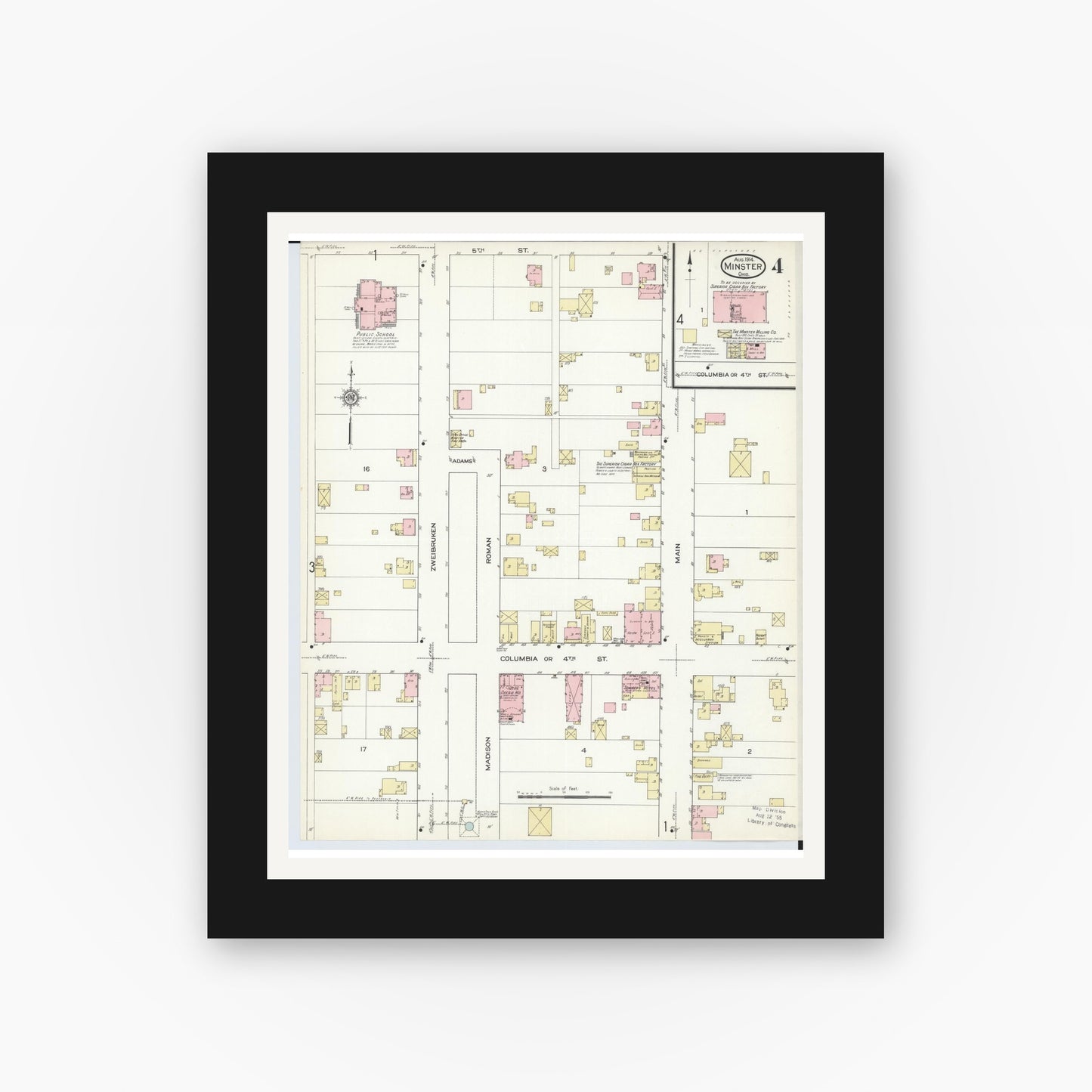 Old map wall art mockup — black gallery frame with white mat — Sanborn Fire Insurance Map from Minster, Auglaize County, Ohio (1914), Sheet #0004