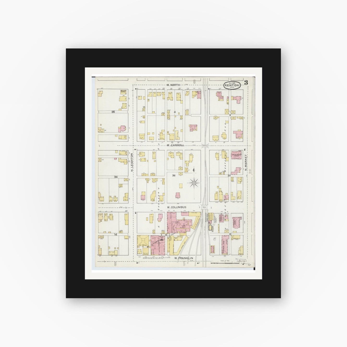 Old map wall art mockup — black gallery frame with white mat — Sanborn Fire Insurance Map from Kenton, Hardin County, Ohio (1892), Sheet #0003