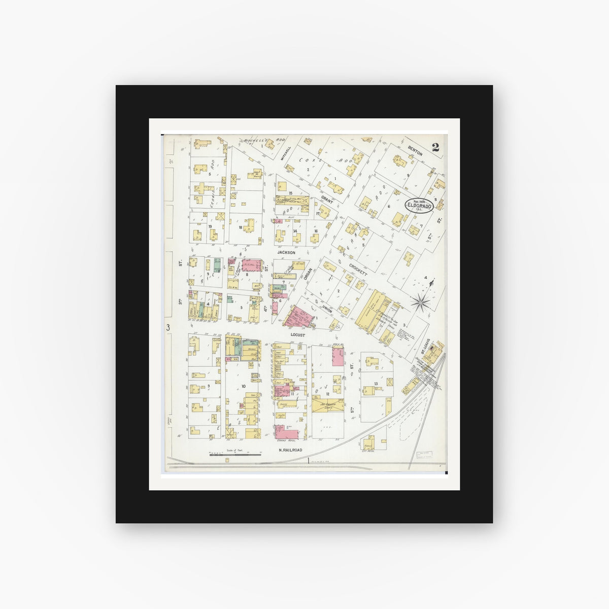 Old map wall art mockup — black gallery frame with white mat — Sanborn Fire Insurance Map from Eldorado, Saline County, Illinois (1900), Sheet #0002