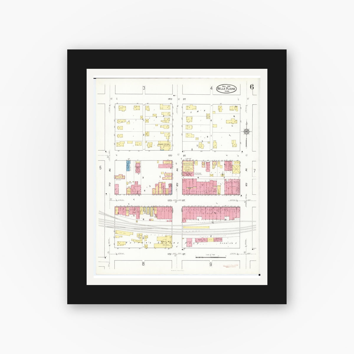 Old map wall art mockup — black gallery frame with white mat — Sanborn Fire Insurance Map from Belle Plaine, Benton County, Iowa (1916), Sheet #0006