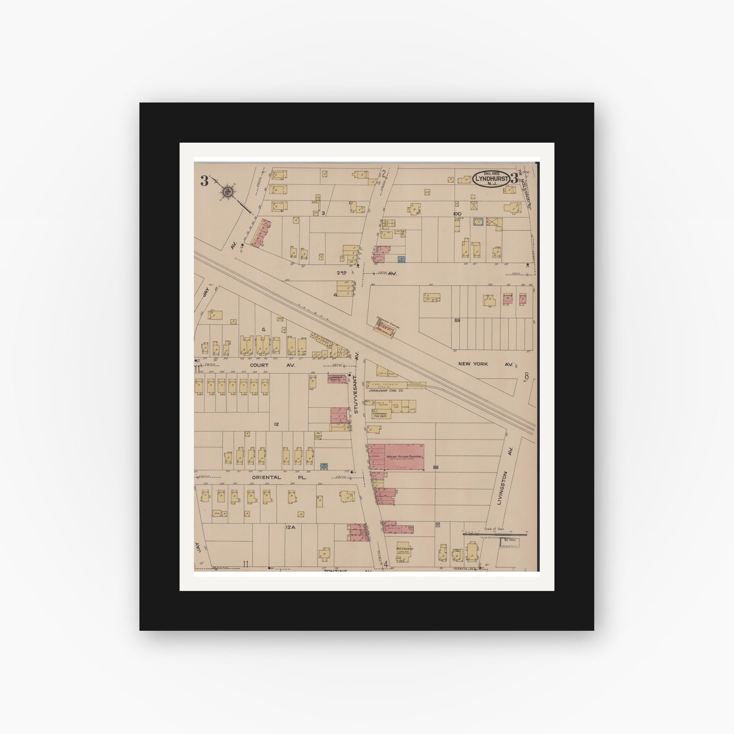 Old map wall art mockup — black gallery frame with white mat — Sanborn Fire Insurance Map from Lyndhurst, Bergen County, New Jersey (1922), Sheet #0003