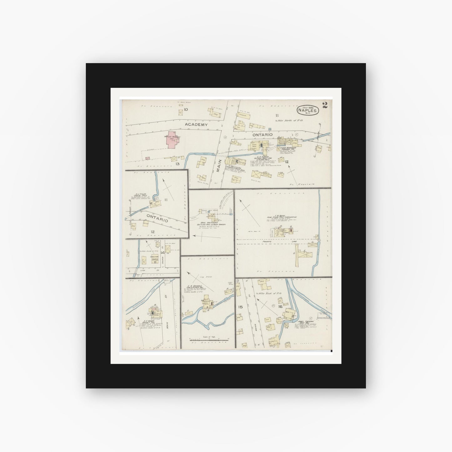 Old map wall art mockup — black gallery frame with white mat — Sanborn Fire Insurance Map from Naples, Ontario County, New York (1886), Sheet #0002