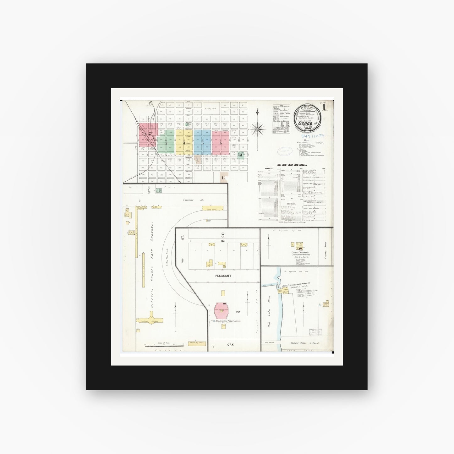 Old map wall art mockup — black gallery frame with white mat — Sanborn Fire Insurance Map from Osage, Mitchell County, Iowa (1897) — Complete Set