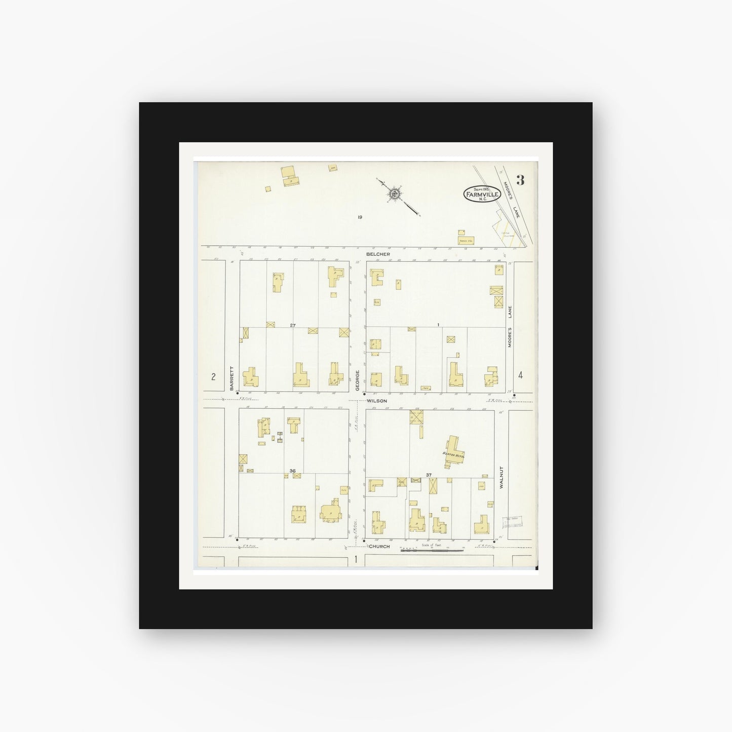 Old map wall art mockup — black gallery frame with white mat — Sanborn Fire Insurance Map from Farmville, Pitt County, North Carolina (1915), Sheet #0003
