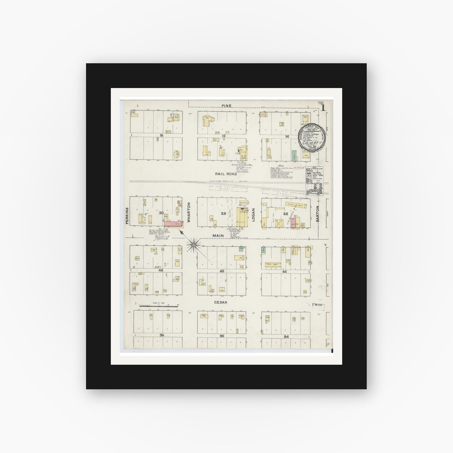 Old map wall art mockup — black gallery frame with white mat — Sanborn Fire Insurance Map from Calvert, Robertson County, Texas (1891) - Complete Map Set