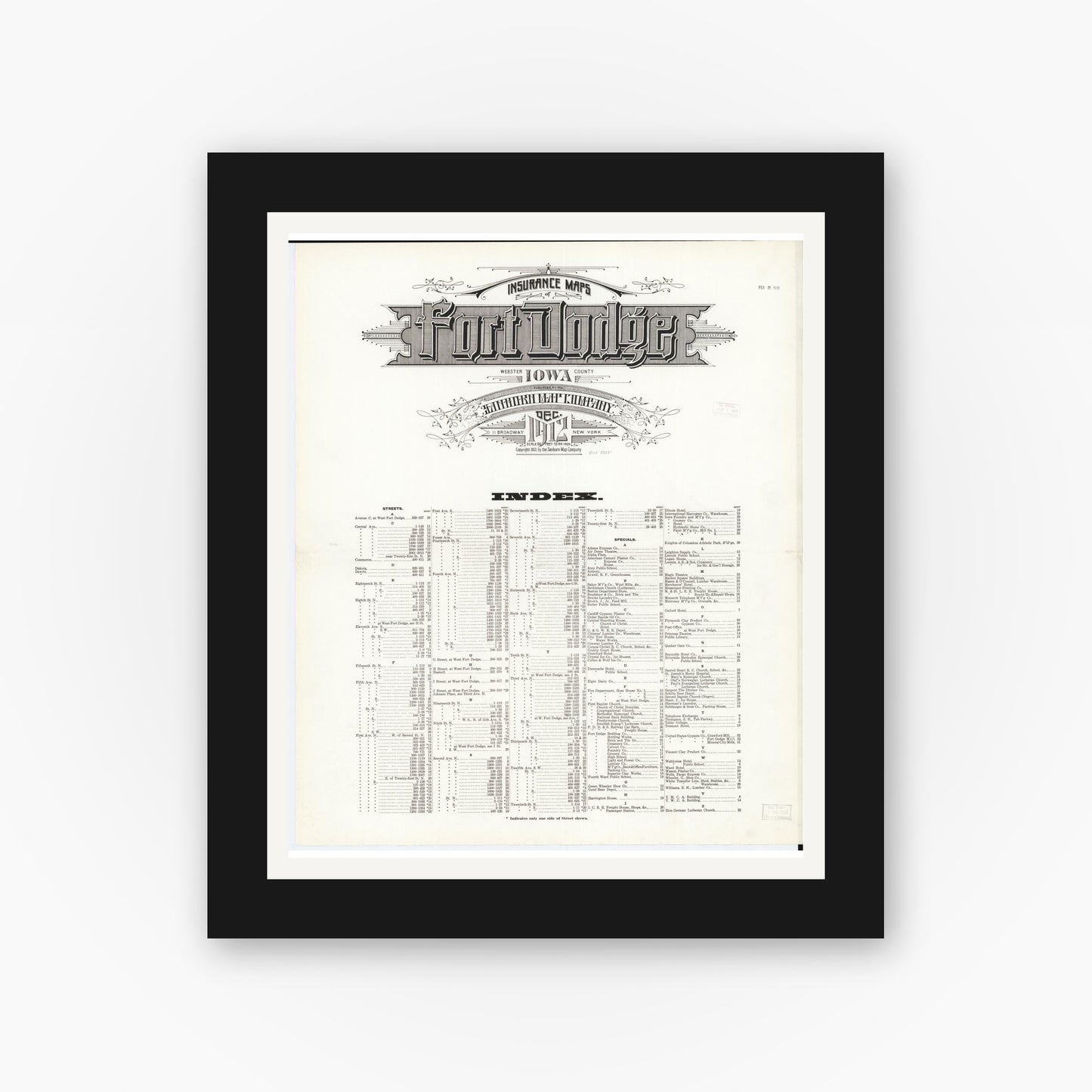 Old map wall art mockup — black gallery frame with white mat — Sanborn Fire Insurance Map from Fort Dodge, Webster County, Iowa (1912), Sheet #0001