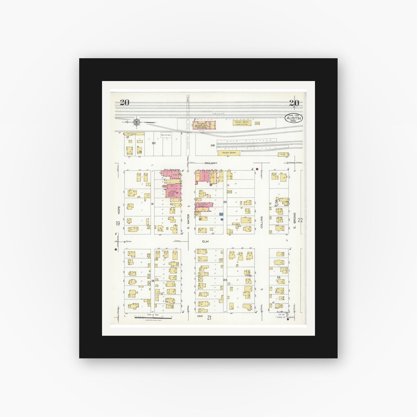 Old map wall art mockup — black gallery frame with white mat — Sanborn Fire Insurance Map from Austin, Mower County, Minnesota (1926), Sheet #0020