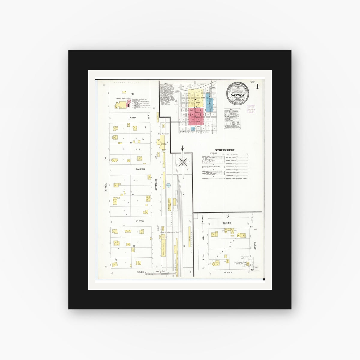 Old map wall art mockup — black gallery frame with white mat — Sanborn Fire Insurance Map from Garner, Hancock County, Iowa (1907) — Complete Set
