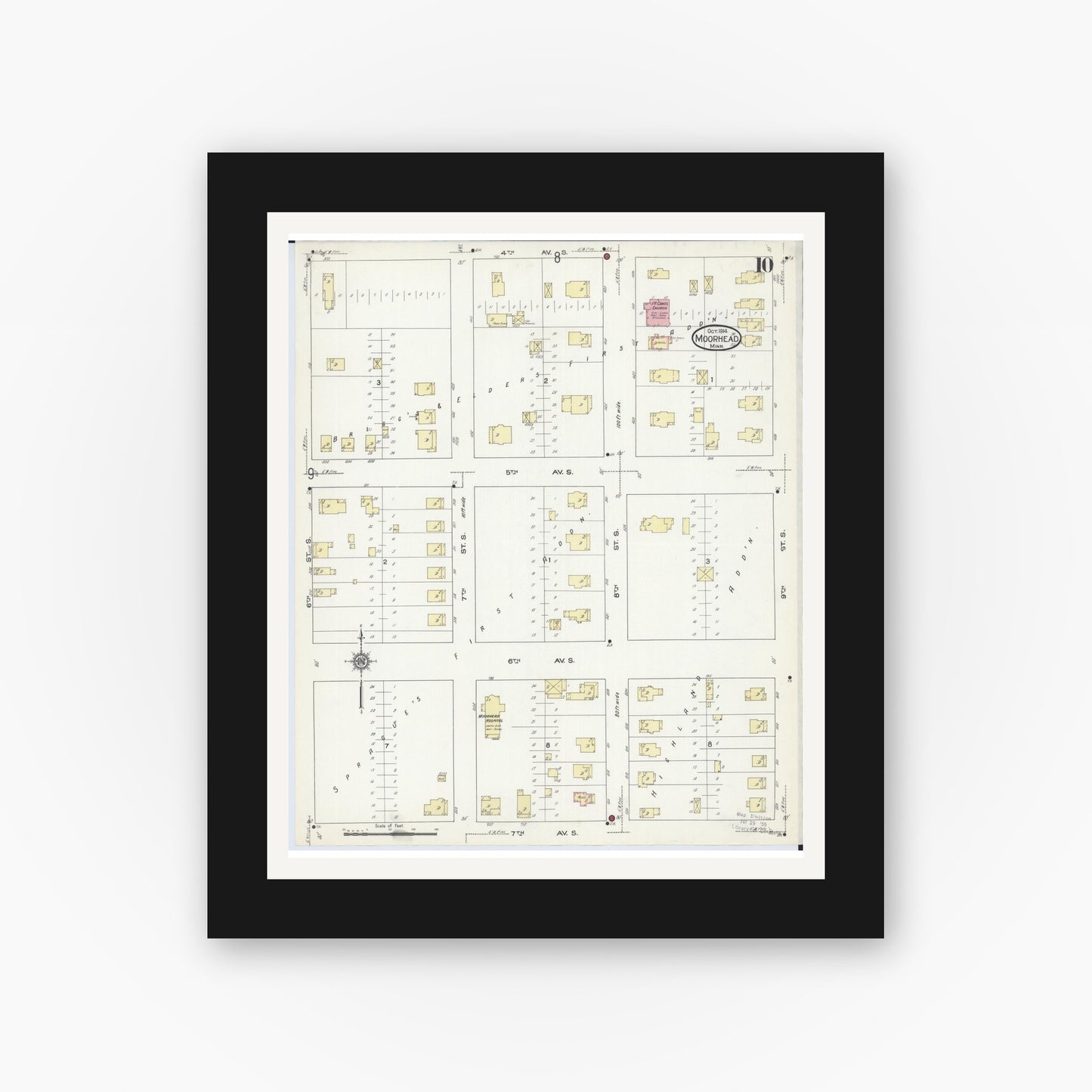 Old map wall art mockup — black gallery frame with white mat — Sanborn Fire Insurance Map from Moorhead, Clay County, Minnesota (1914), Sheet #0010