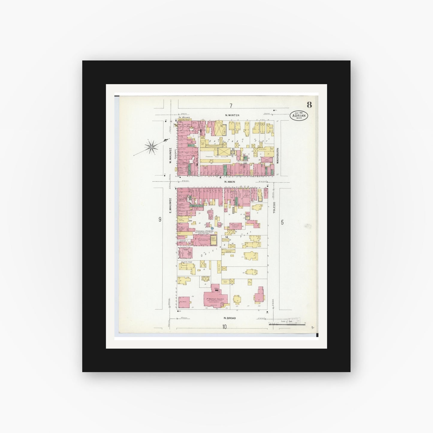 Old map wall art mockup — black gallery frame with white mat — Sanborn Fire Insurance Map from Adrian, Lenawee County, Michigan (1908), Sheet #0008
