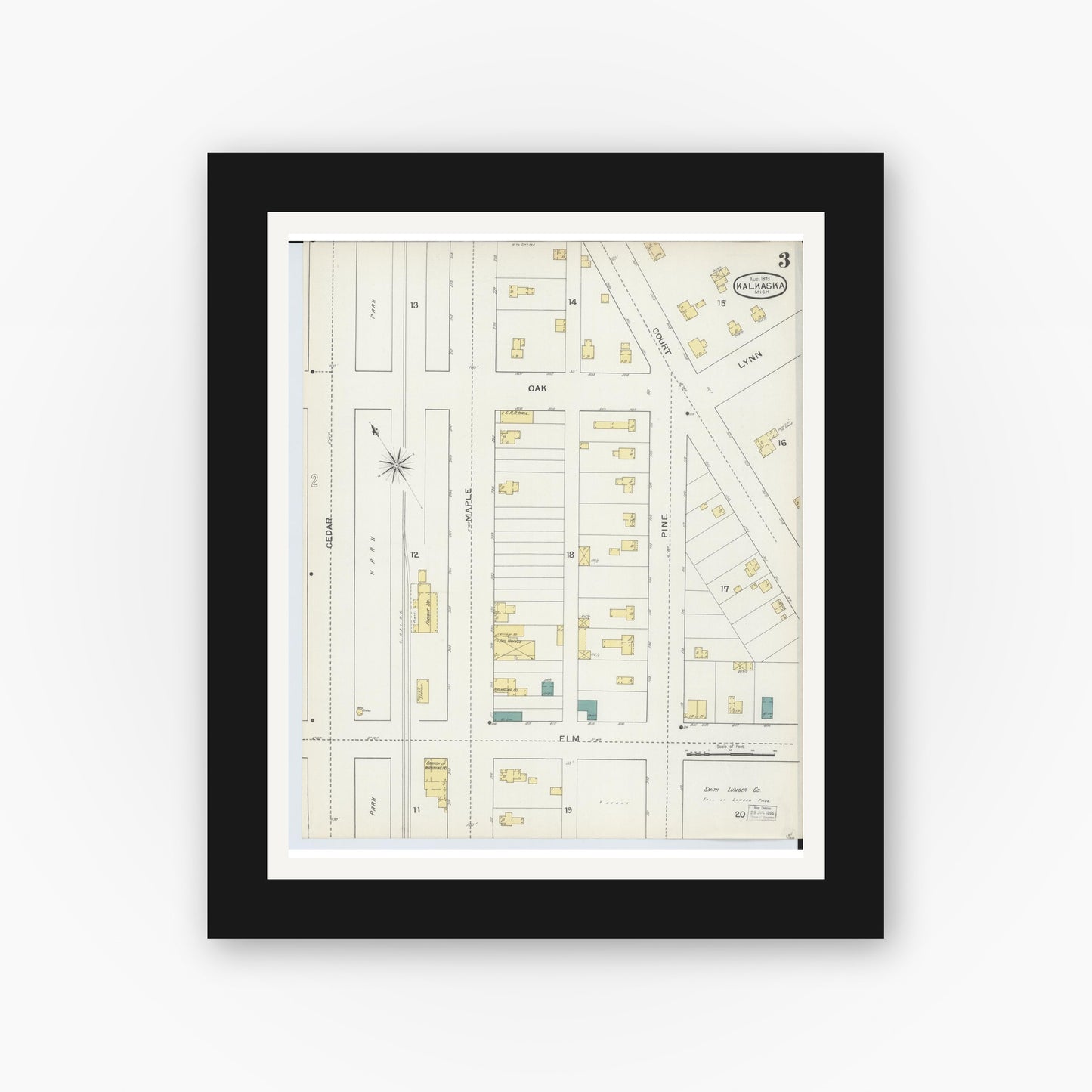 Old map wall art mockup — black gallery frame with white mat — Sanborn Fire Insurance Map from Kalkaska, Kalkaska County, Michigan (1893), Sheet #0003