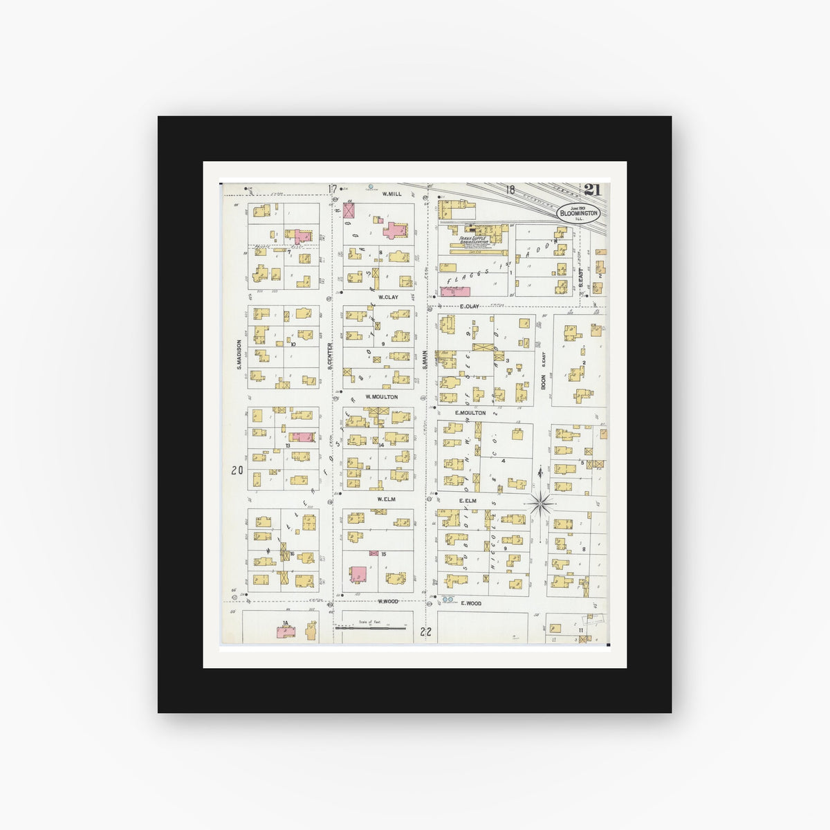 Old map wall art mockup — black gallery frame with white mat — Sanborn Fire Insurance Map from Bloomington, McLean County, Illinois (1901), Sheet #0021