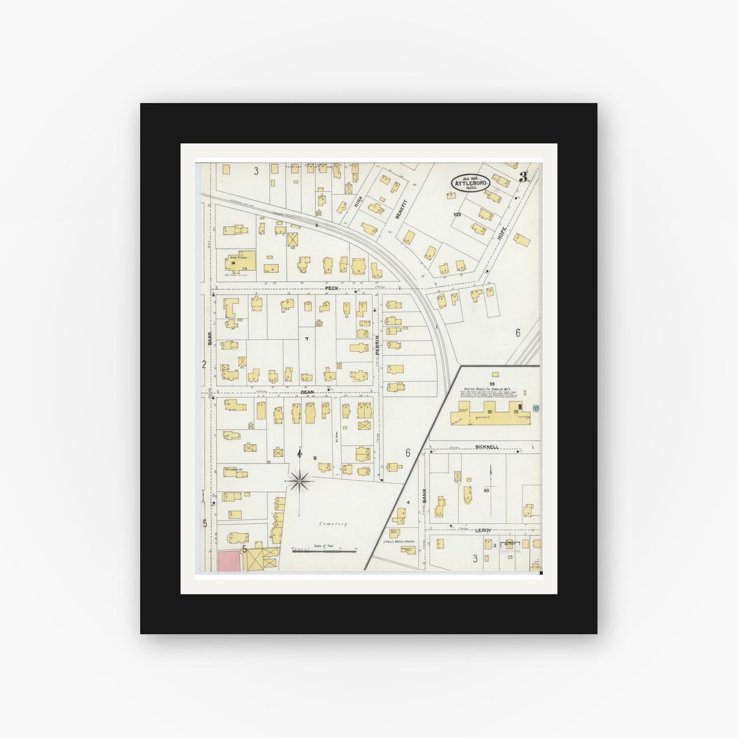 Old map wall art mockup — black gallery frame with white mat — Sanborn Fire Insurance Map from Attleboro, Bristol County, Massachusetts (1905), Sheet #0003