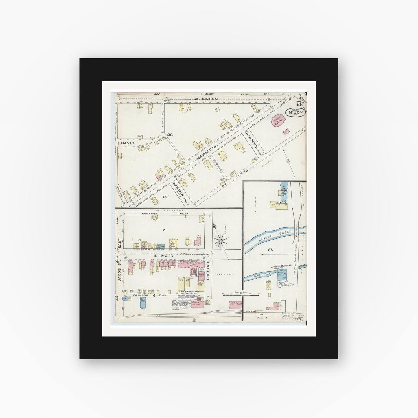 Old map wall art mockup — black gallery frame with white mat — Sanborn Fire Insurance Map from Mount Joy, Lancaster County, Pennsylvania (1891), Sheet #0005