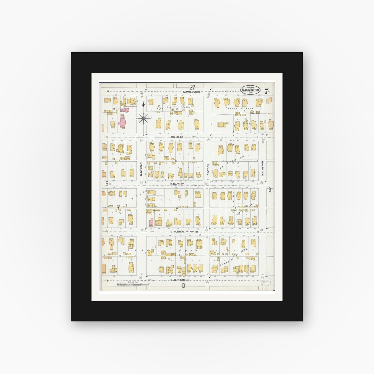 Old map wall art mockup — black gallery frame with white mat — Sanborn Fire Insurance Map from Bloomington, McLean County, Illinois (1901), Sheet #0007