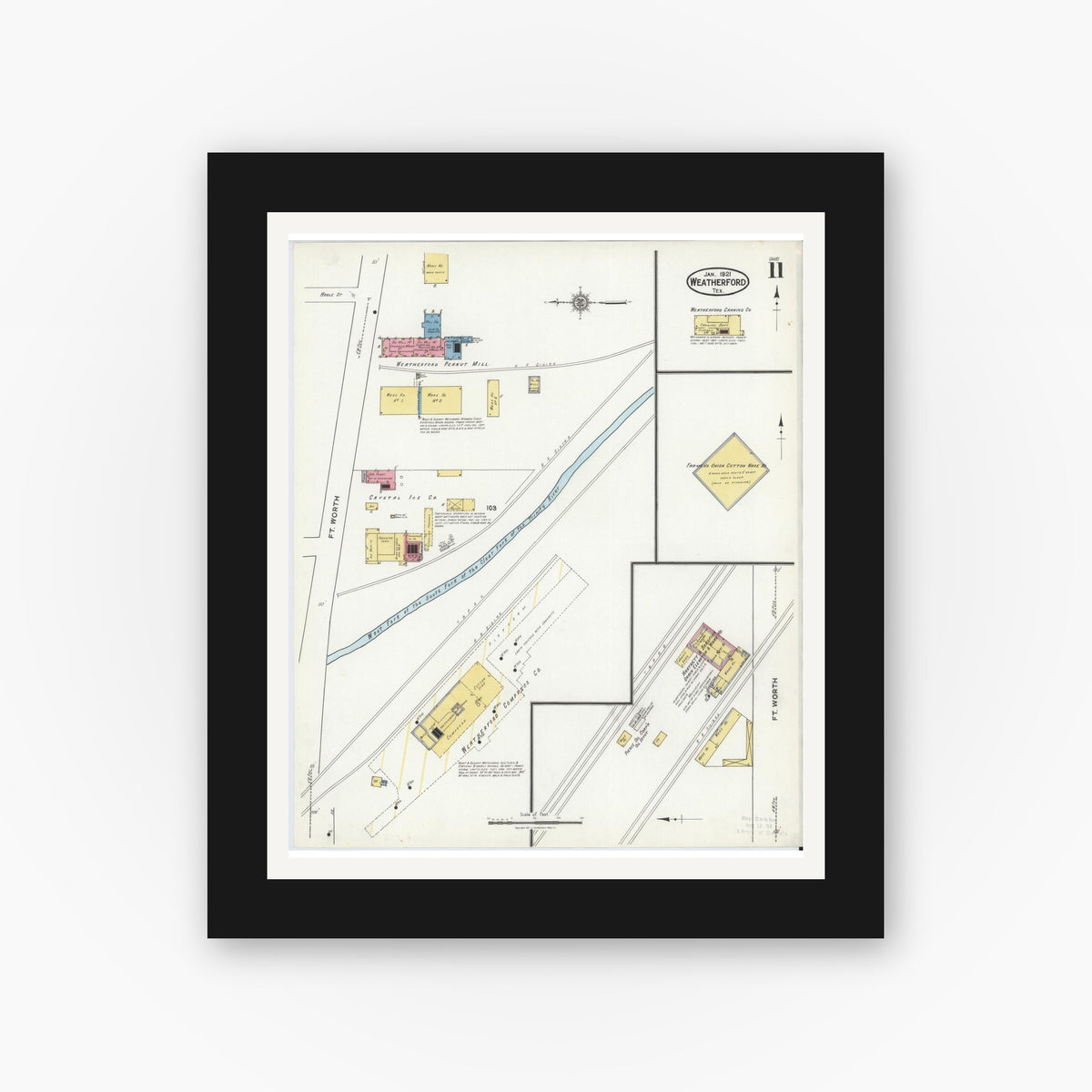 Old map wall art mockup — black gallery frame with white mat — Sanborn Fire Insurance Map from Weatherford, Parker County, Texas (1921), Sheet #0011
